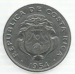 Costa Rica - 1 Colon 1954 (Km# 186.1)