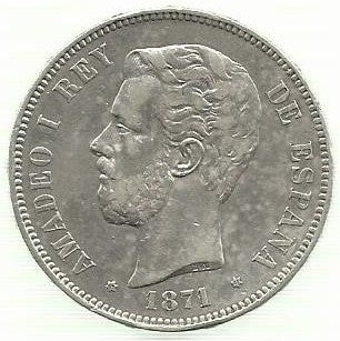 Espanha - 5 Pesetas 1871 (Km# 666) Amadeu I