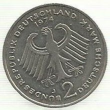 Alemanha - 2 Marcos 1974 (J)(Km# 124) Konrad Adenauer