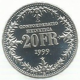 Suiça - 20 Francos 1999 (Km# 85) 150º Aniversário Serviço Postal Suiço