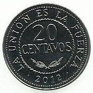Bolivia - 20 Centavos 2012 (Km# 215)