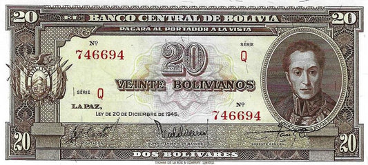 Bolivia - 20 Bolivianos 1945 (# 140a)
