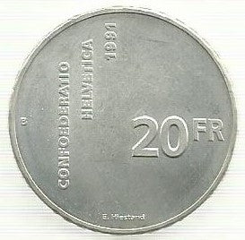 Suiça - 20 Francos 1991 (Km# 70) 700 Anos Confederaçao