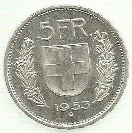Suiça - 5 Francos 1953 (Km# 40)