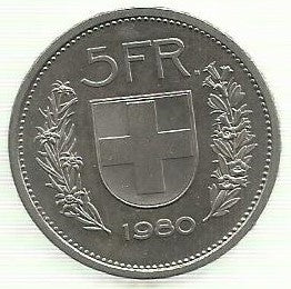 Suiça - 5 Francos 1980 (Km# 40a.1)