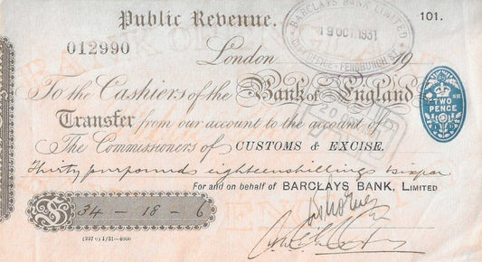 Banco Inglaterra - Cheque 1931