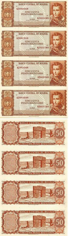 Bolivia - 50 Bolivianos 1962 (# 162a) Uncut Sheet