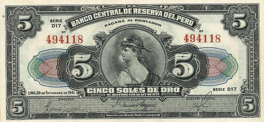 Peru - 5 Soles Ouro 1941 (# 66a)