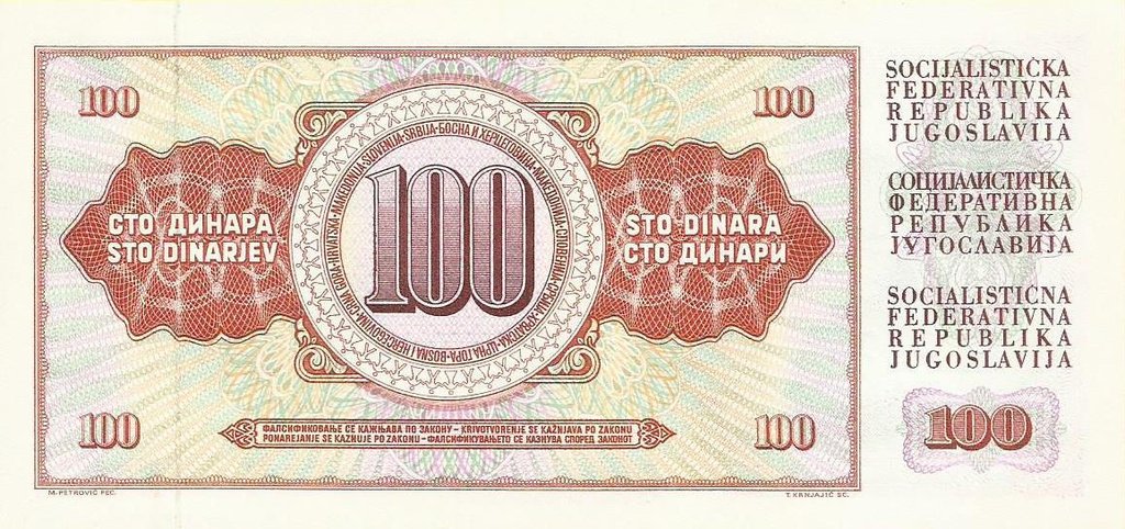 Jugoslávia - 100 Dinara 1965 (# 80c)