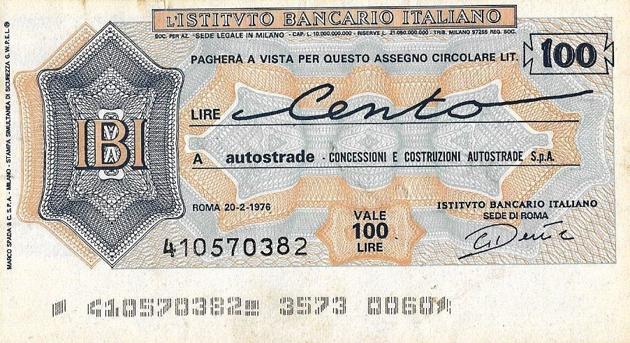Italia - 100 Liras 1976 (# Nl) Cheque