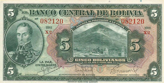 Bolivia - 5 Bolivianos 1928 (# 120a)