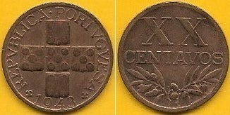 Portugal - XX Centavos 1943 (Km# 584)
