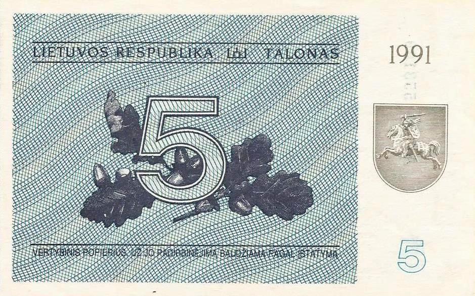 Lituania - 5 Talonas 1991 (# 34b)