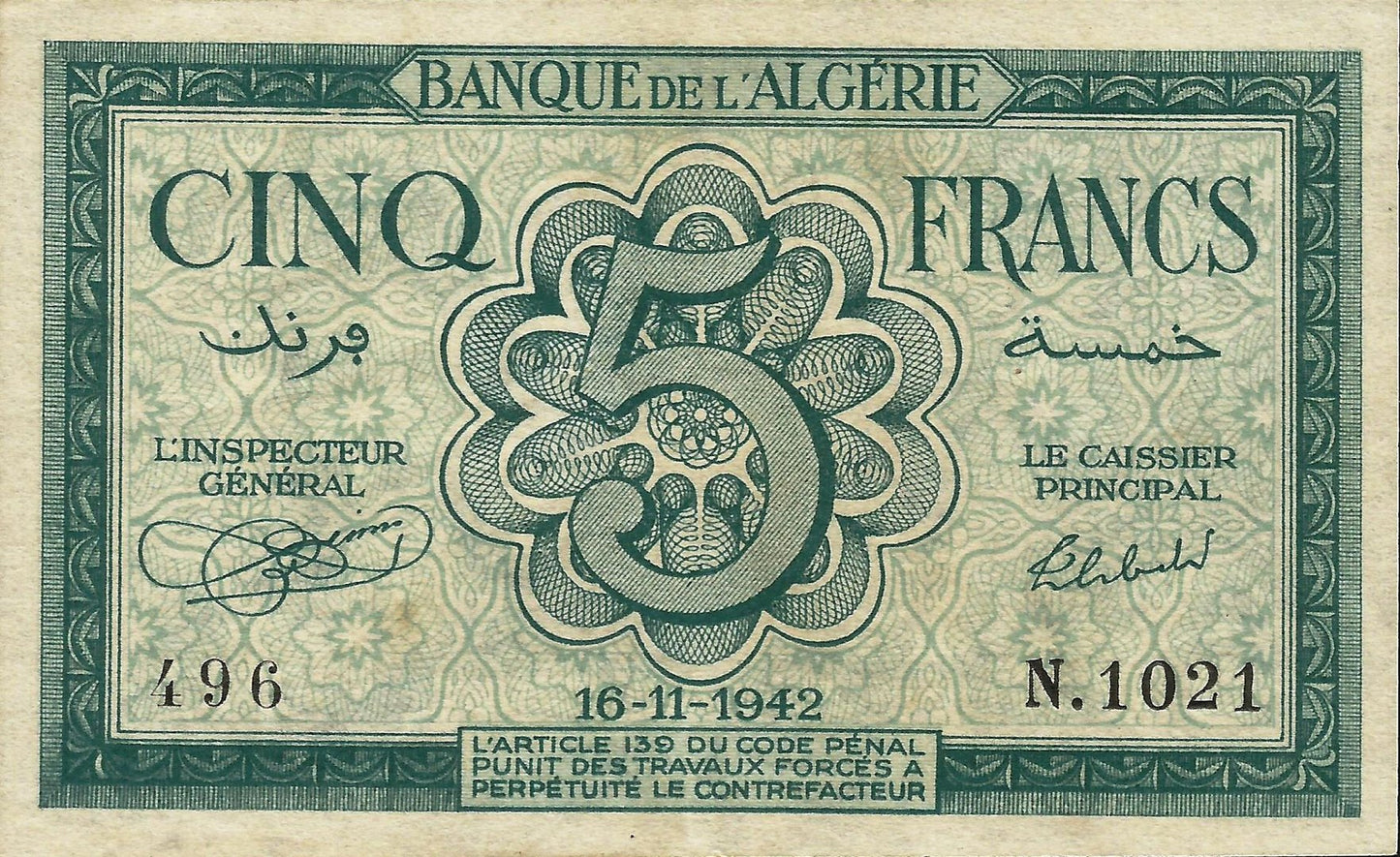 Argélia - 5 Francos 1942 (# 91)