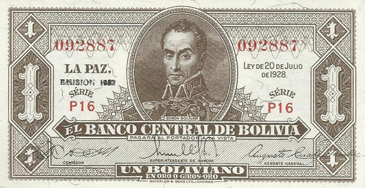 Bolivia - 1 Boliviano 1928 (# 128C)