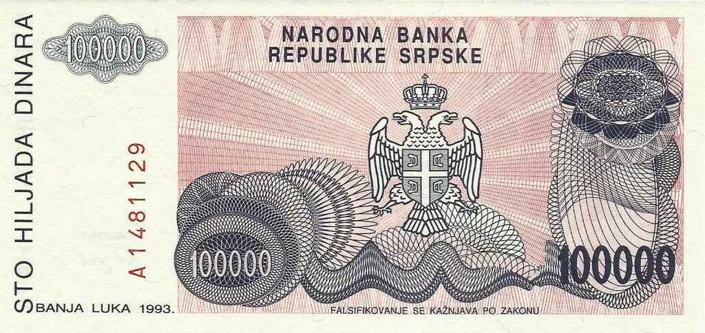 Bosnia Herzegovina - 100000 Dinara 1993 (# 151a)