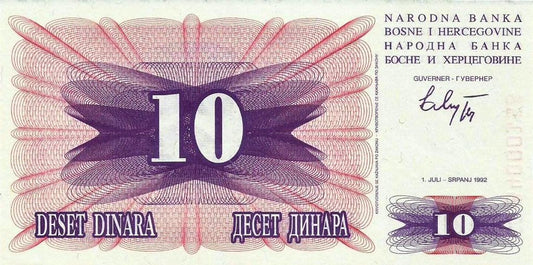 Bosnia Herzegovina - 10 Dinara 1992 (# 10a)