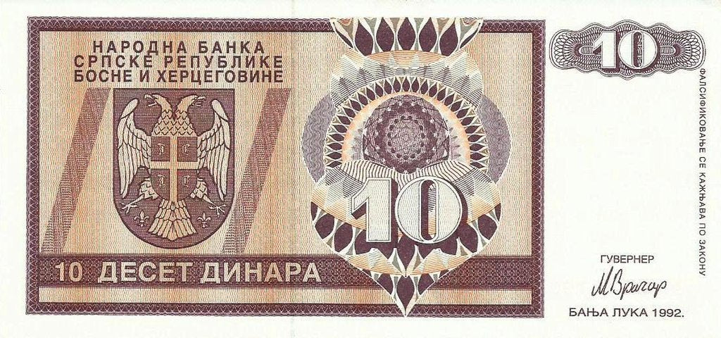 Bosnia Herzegovina - 10 Dinara 1992 (# 133a)