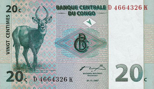 Congo - 20 Centimos 1997 (# 83a)