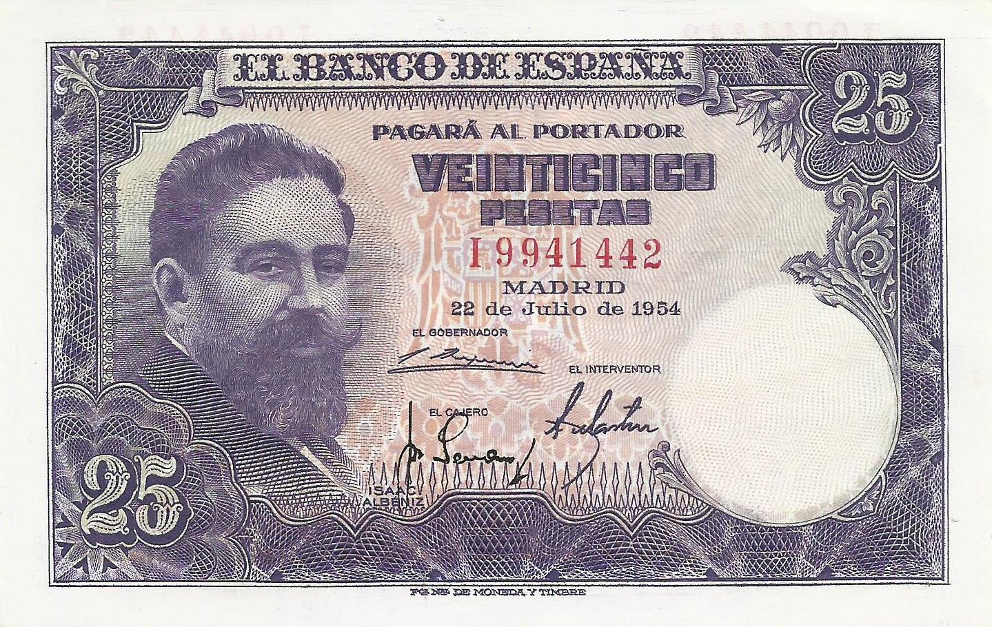 Espanha - 25 Pesetas 1954 (# 147a)