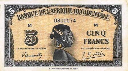 French W. Africa - 5 Francos 1942 (# 28a)