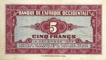 French W. Africa - 5 Francos 1942 (# 28a)