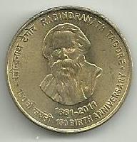India - 5 Rupias 2011 (Km# 393) Rabindranath Tagore