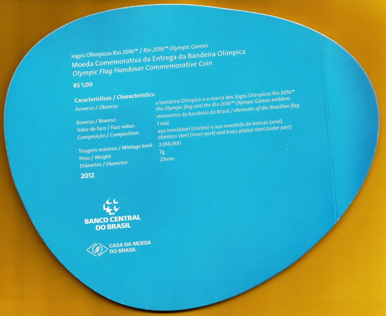 Brazil - 1 Real 2012 (Km# 679) Bandeira Olimpica (Folder)