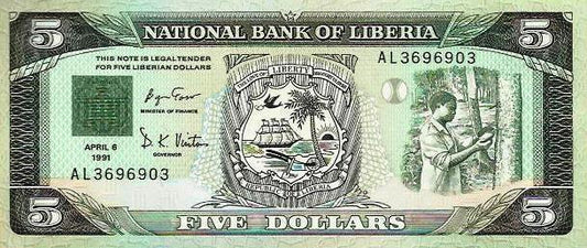 Liberia - 5 Dolares 1991 (# 20)