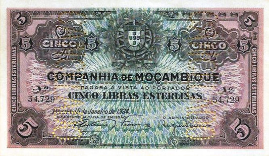 Mozambique - 5 Libras Esterlinas 1934 (# R32)