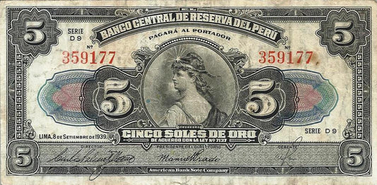 Peru - 5 Soles Ouro 1939 (# 66a)