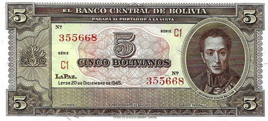 Bolivia - 5 Bolivianos 1945 (# 138a)