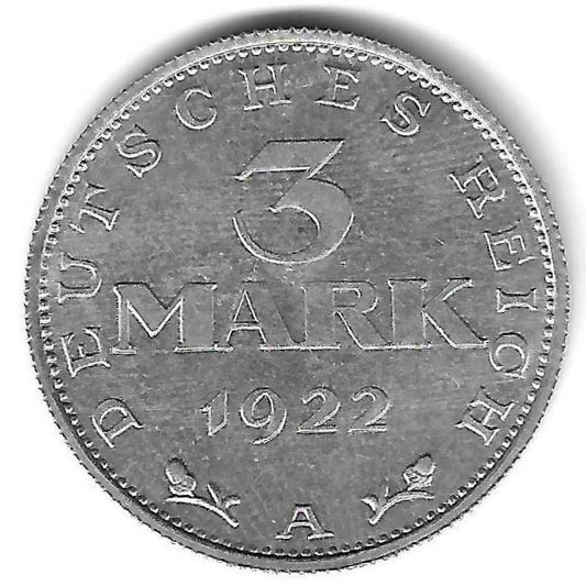 Alemanha - 3 Marcos 1922 (A)(Km# 29) 3 Anos Constituição Weimar