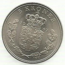 Dinamarca - 5 Kroner 1969 (Km# 853.1)