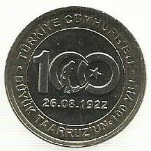 Turquia - 1 Lira 2022 (Km# ..) 100º Anivº Grande Ofensiva