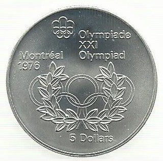 Canadá - 5 Dolares 1974 (# 89) Aneis Olimp. e Coroa flores