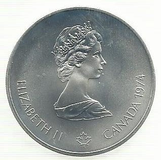 Canadá - 5 Dolares 1974 (# 89) Aneis Olimp. e Coroa flores