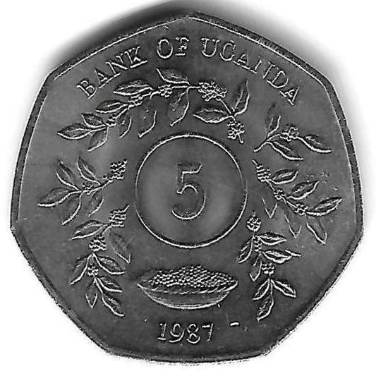Uganda - 5 Shillings 1987 (Km# 163)