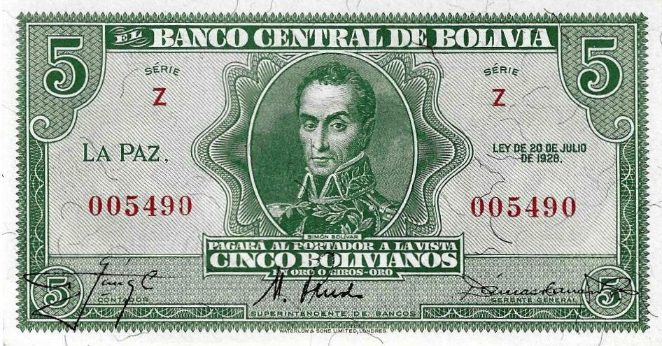 Bolivia - 5 Bolivianos 1928 (# 129)