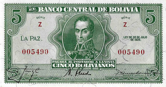 Bolivia - 5 Bolivianos 1928 (# 129)