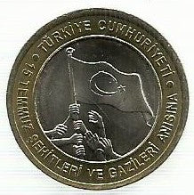 Turquia - 1 Lira 2016 (Km# Novo)  Martires Veteranos Memoria 15 Julho