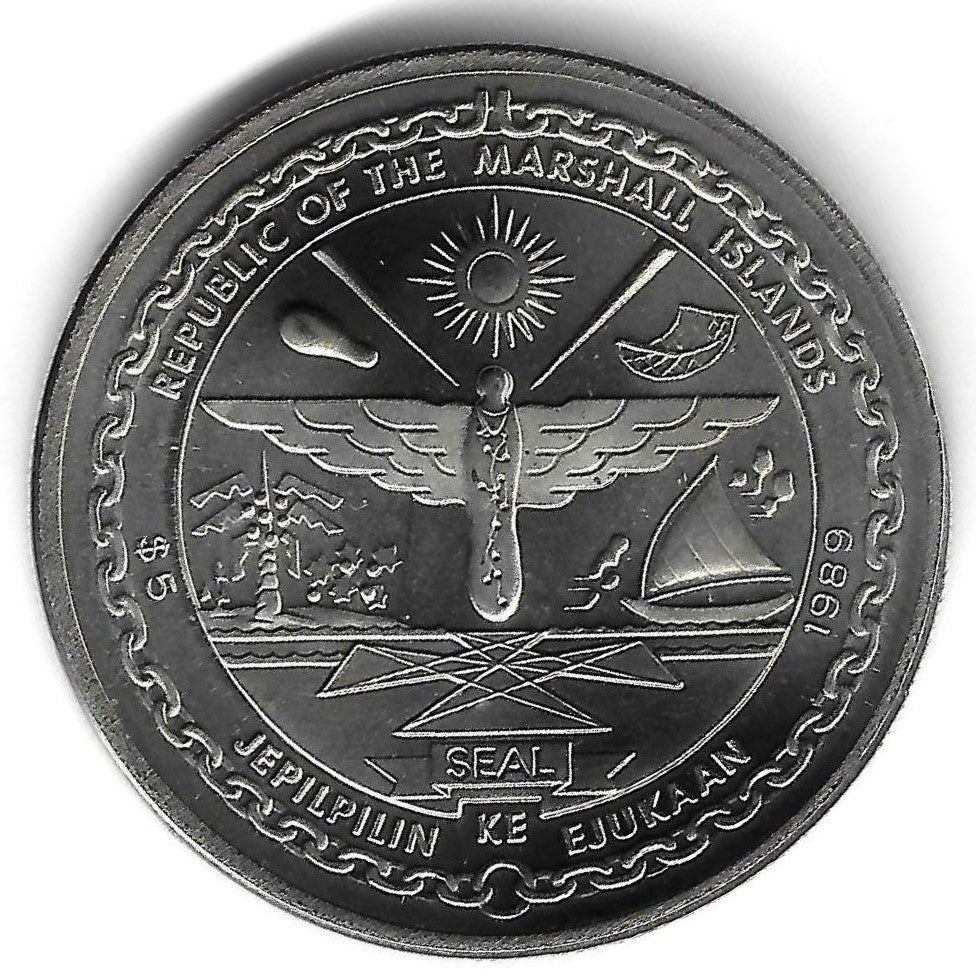 Ilhas Marshall - 5 Dolares 1989 (Km# 13) 20º Anivº 1ª Chegada Homem á Lua