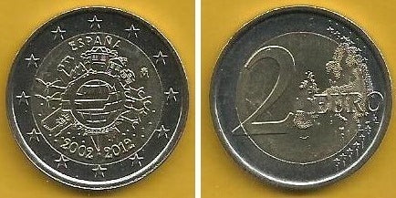 Espanha - 2 Euro 2012 (Km# 1252) 10 Anos Euro
