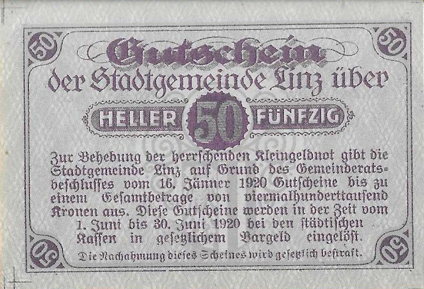 Austria - 50 Heller 1920 (# NL) Linz