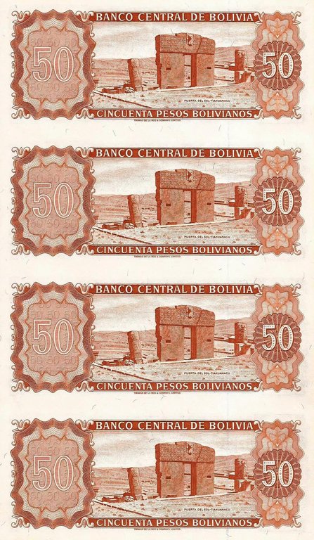 Bolivia - 50  Bolivianos 1962 (# 162a)  Uncut Sheet