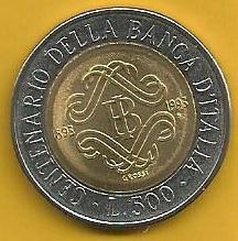 Itália - 500 Liras 1993 (Km# 160) 100º Banco Itália