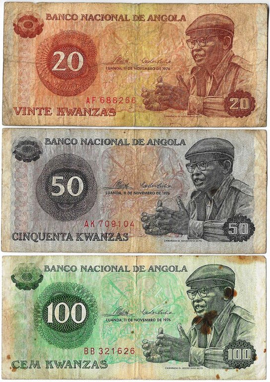 Angola - 20 - 50 e 100 Kwanzas 1976 (# 109/110/111)