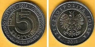 Polónia - 5 Zlotych 2018 (Km# ..) 100º Anivº Rec. Independencia