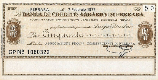 Italia - 50 Liras 1977 (# Nl) Cheque