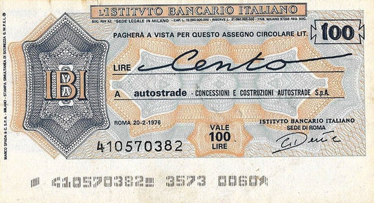 Italia - 100 Liras 1976 (# Nl) Cheque